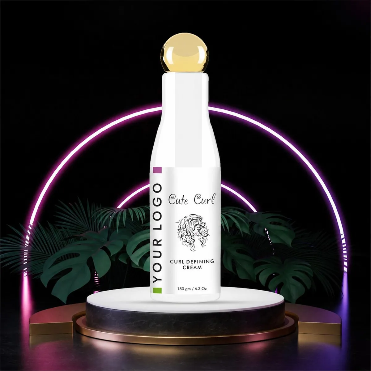 A white-label curl-defining cream bottle on a lit podium
