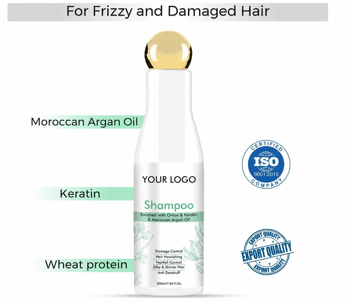 A white-label shampoo bottle with its ingredient highlights