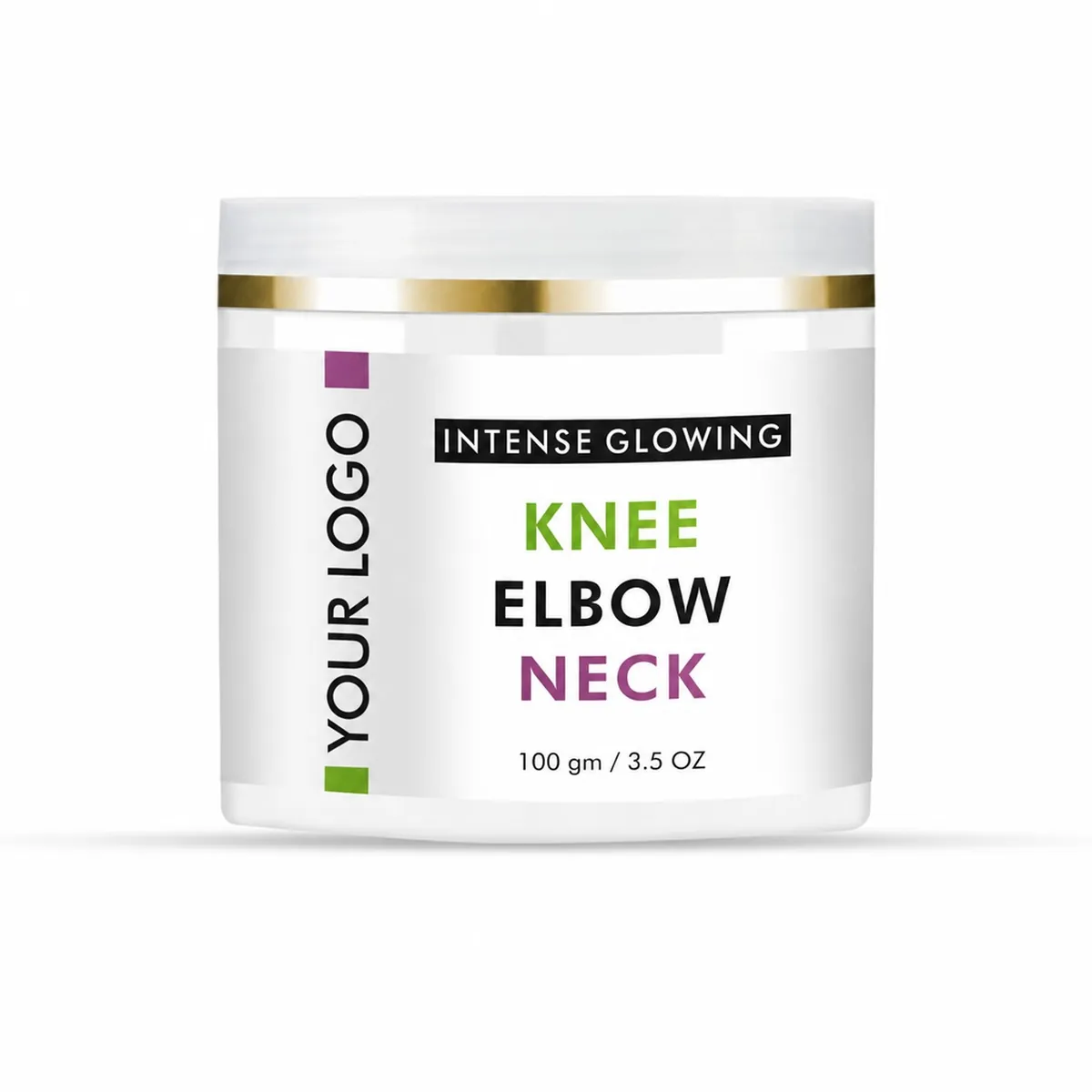 A white-label neck, elbow and knee cream jar