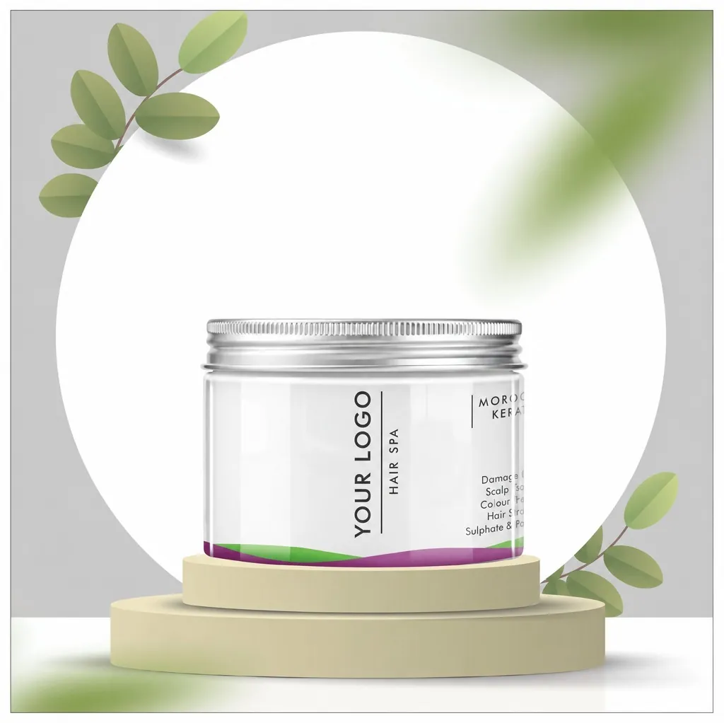 A white-label hair spa jar on a podium with leaves